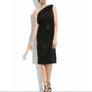 TADASHI SHOJI Black Mesh Sequin One Shoulder Dress size large Holiday New Years
